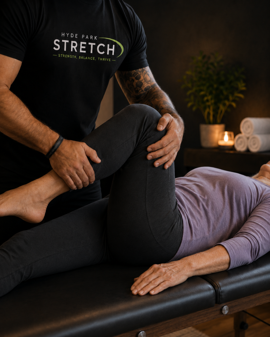 Jeremy Brown guiding a client through an assisted stretch at Hyde Park Stretch